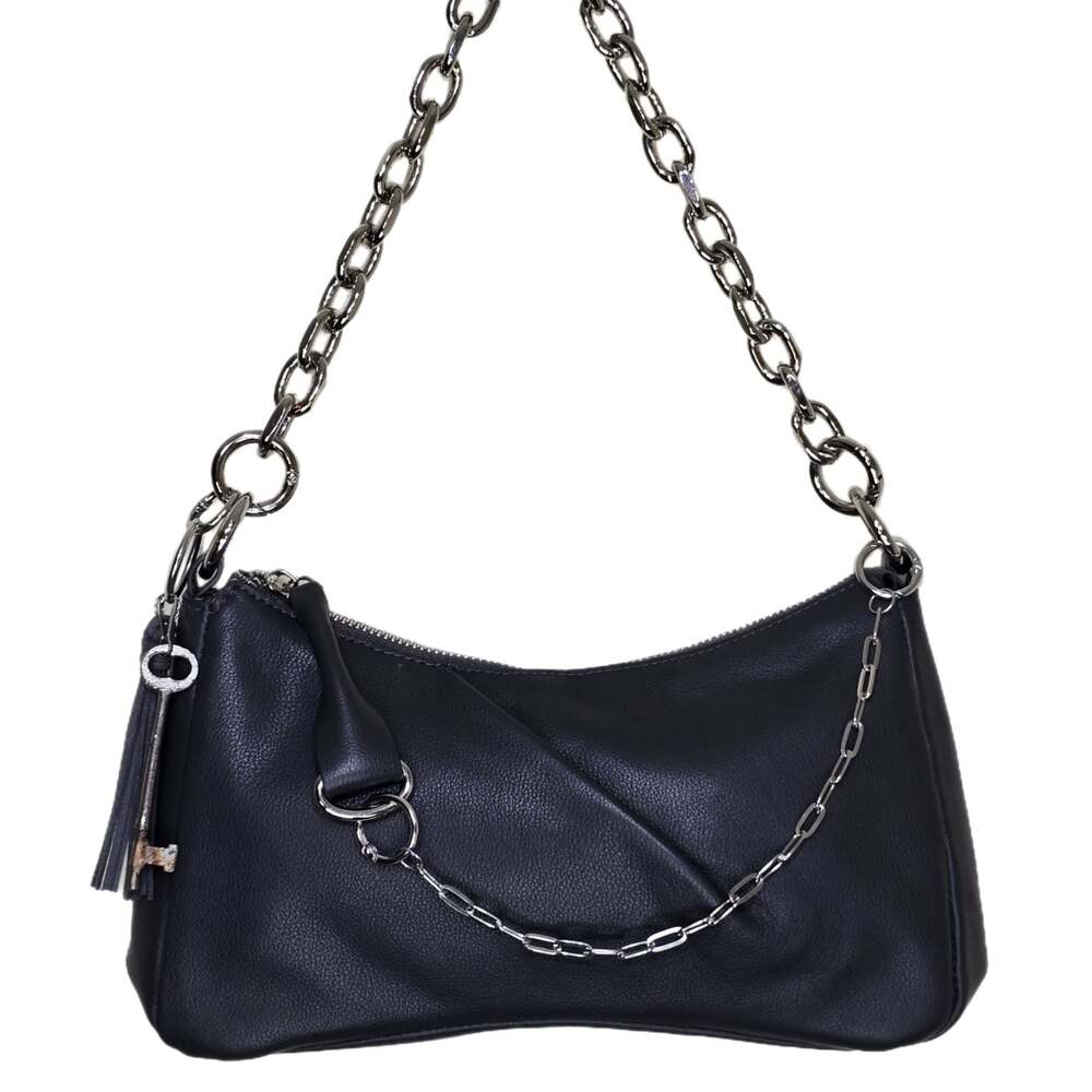 Estro Dark Gray Genuine Leather Shoulder Bag Medium Silver Chain Baguette Purse